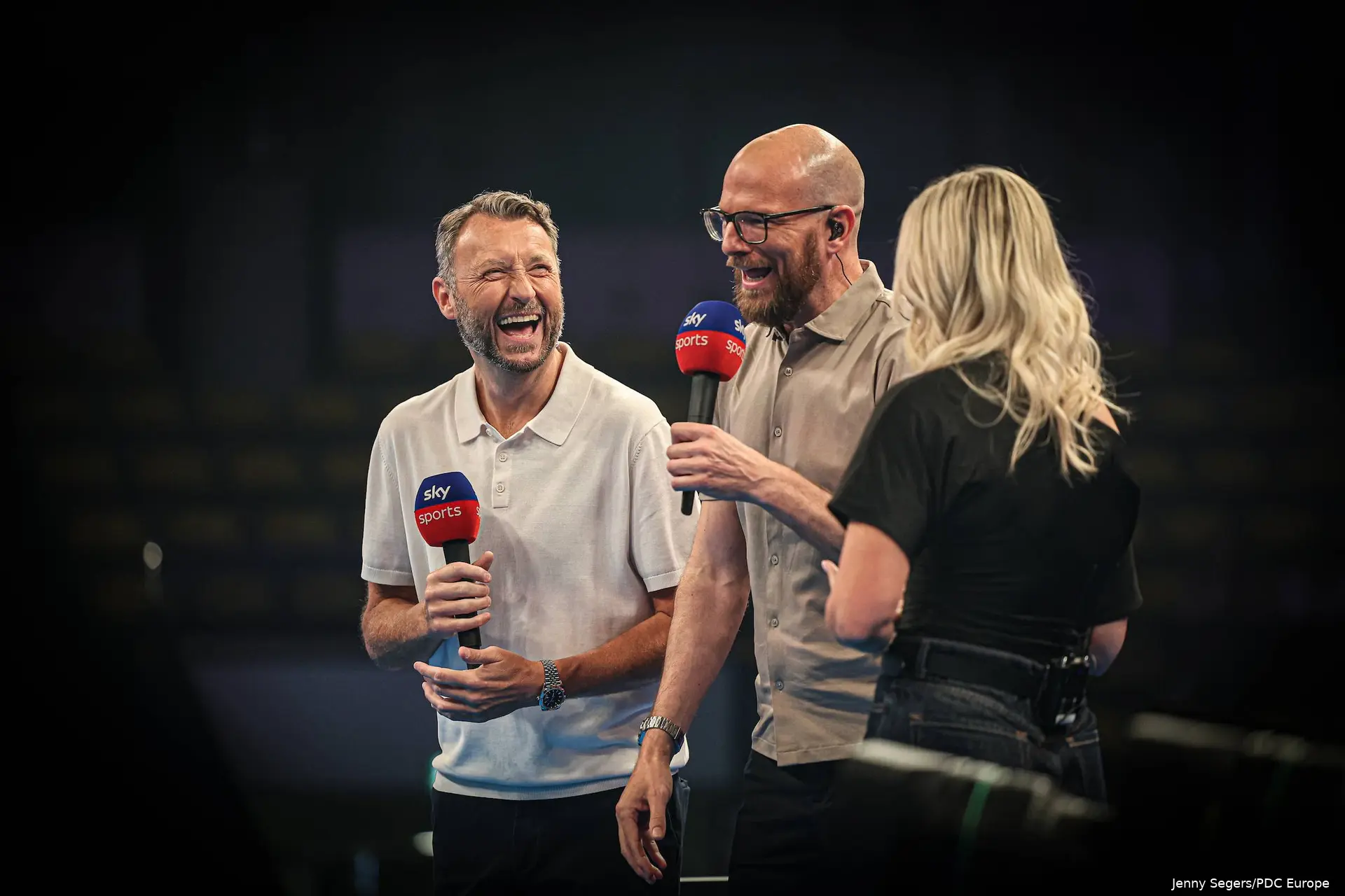 Wayne Mardle, Mark Webster and Emma Paton at the 2026 World Cup of Darts for Sky Sports