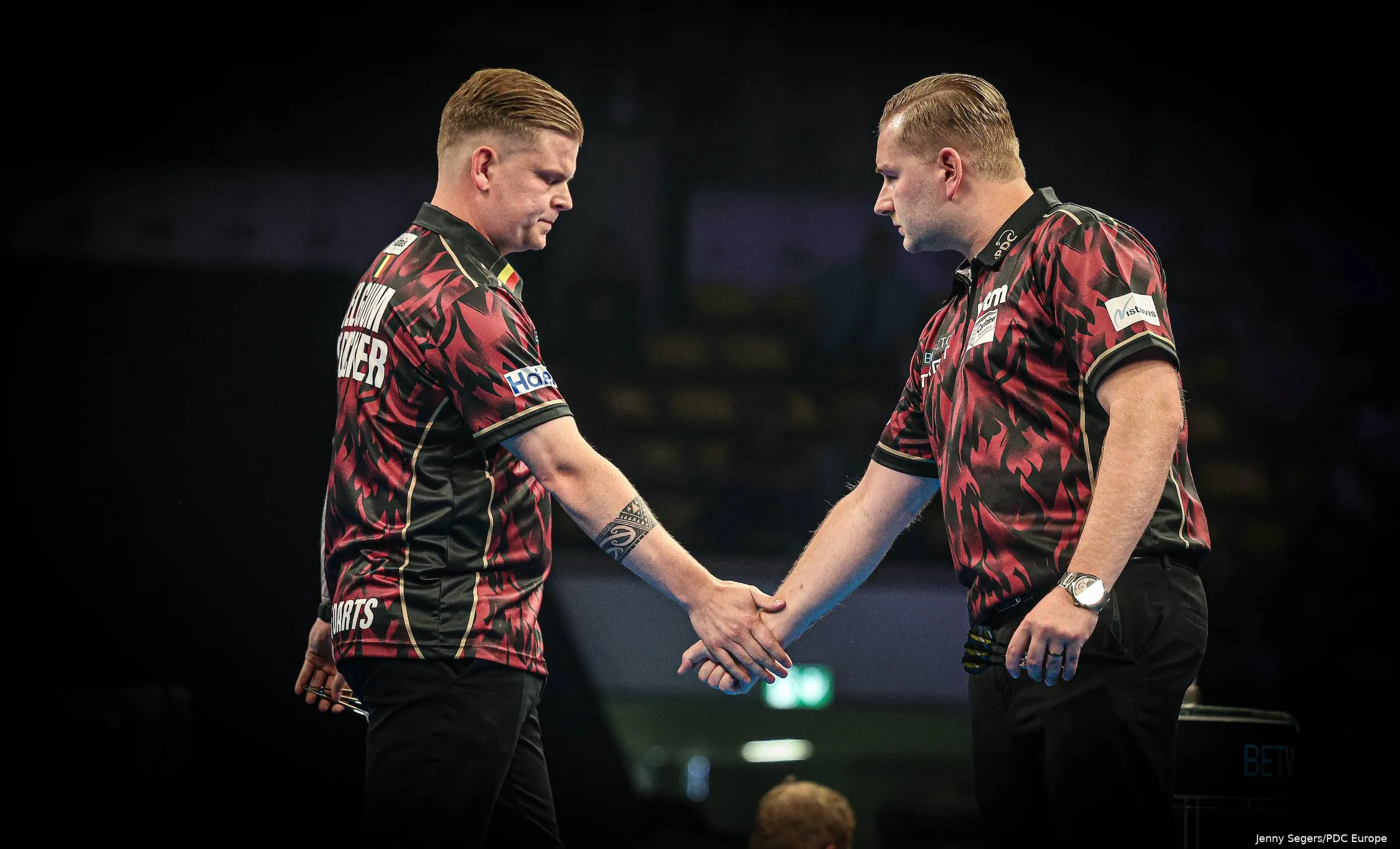Mike de Decker and Dimitri van den Bergh representing Belgium at the 2026 World Cup of Darts