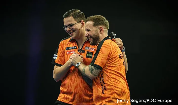Gian van Veen and Danny Noppert in action at the World Cup of Darts