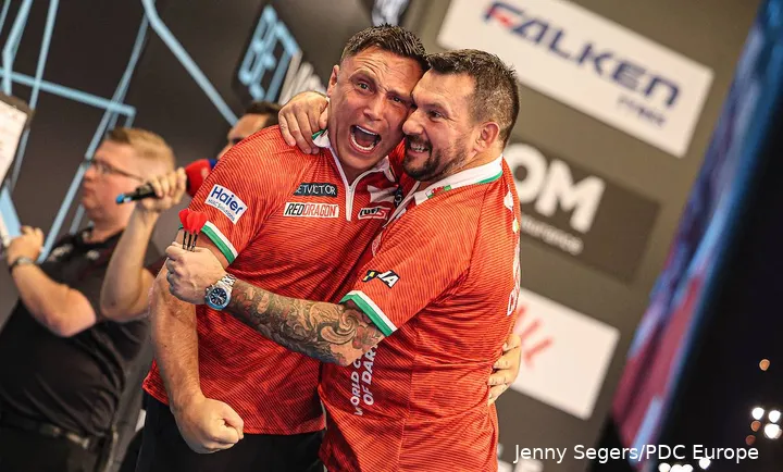 Gerwyn Price and Jonny Clayton celebrate for Wales