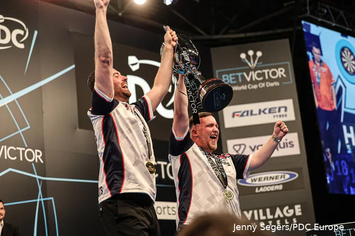 Luke Littler and Luke Humphries celebrating winning the 2026 World Cup of Darts for England
