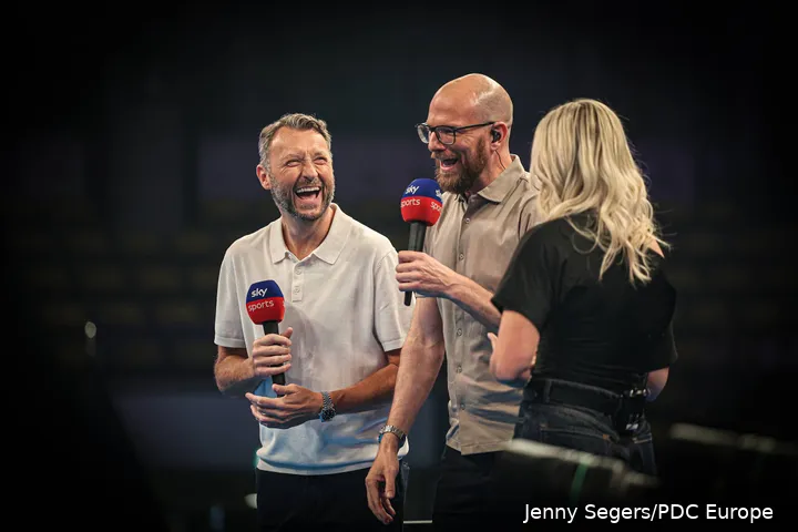 Wayne Mardle, Mark Webster and Emma Paton at the 2026 World Cup of Darts for Sky Sports