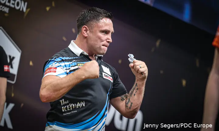 Gerwyn Price shakes fist.