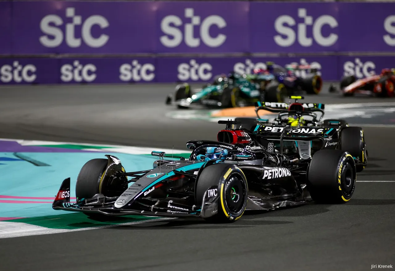 George Russell followed by Lewis Hamilton around Jeddah Corniche Circuit