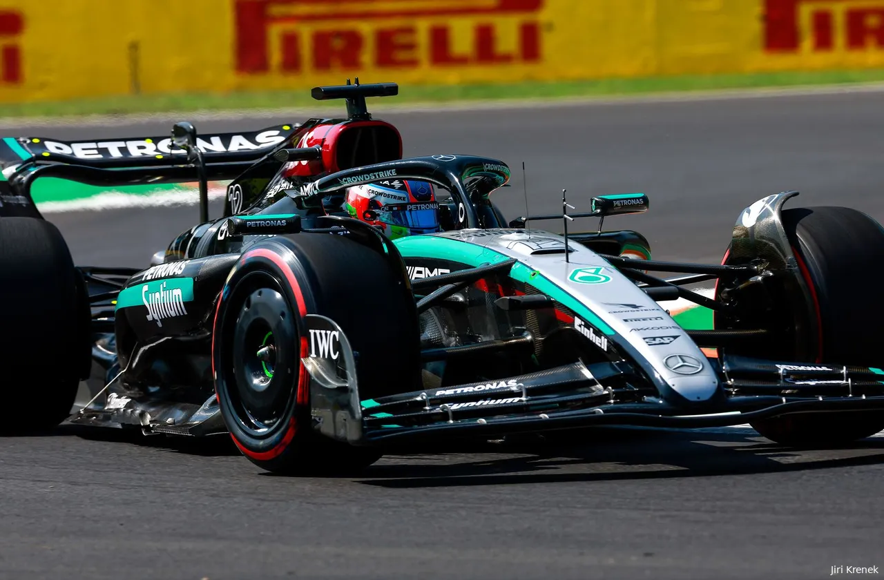 Kimi Antonelli driving Goerge Russell's Mercedes W15 through the first two corners at Monza Circuit.