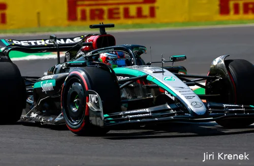 Kimi Antonelli driving Goerge Russell's Mercedes W15 through the first two corners at Monza Circuit.