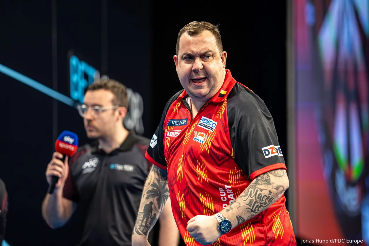 Kim Huybrechts in action at the World Cup of Darts