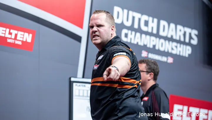 Dirk van Duijvenbode in action at the Dutch Darts Championship earlier this year