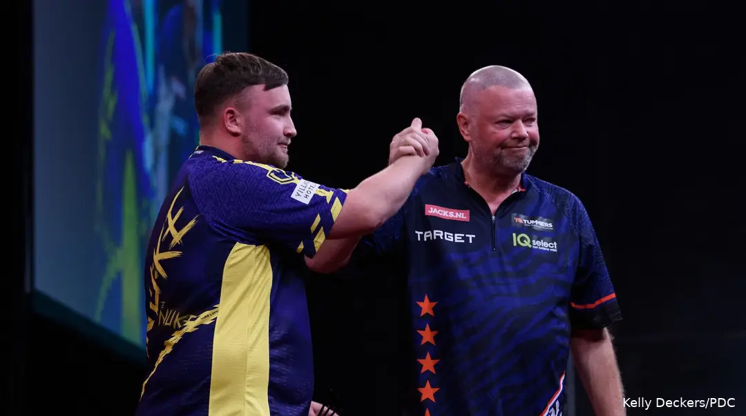 Luke Littler and Raymond van Barneveld after the match