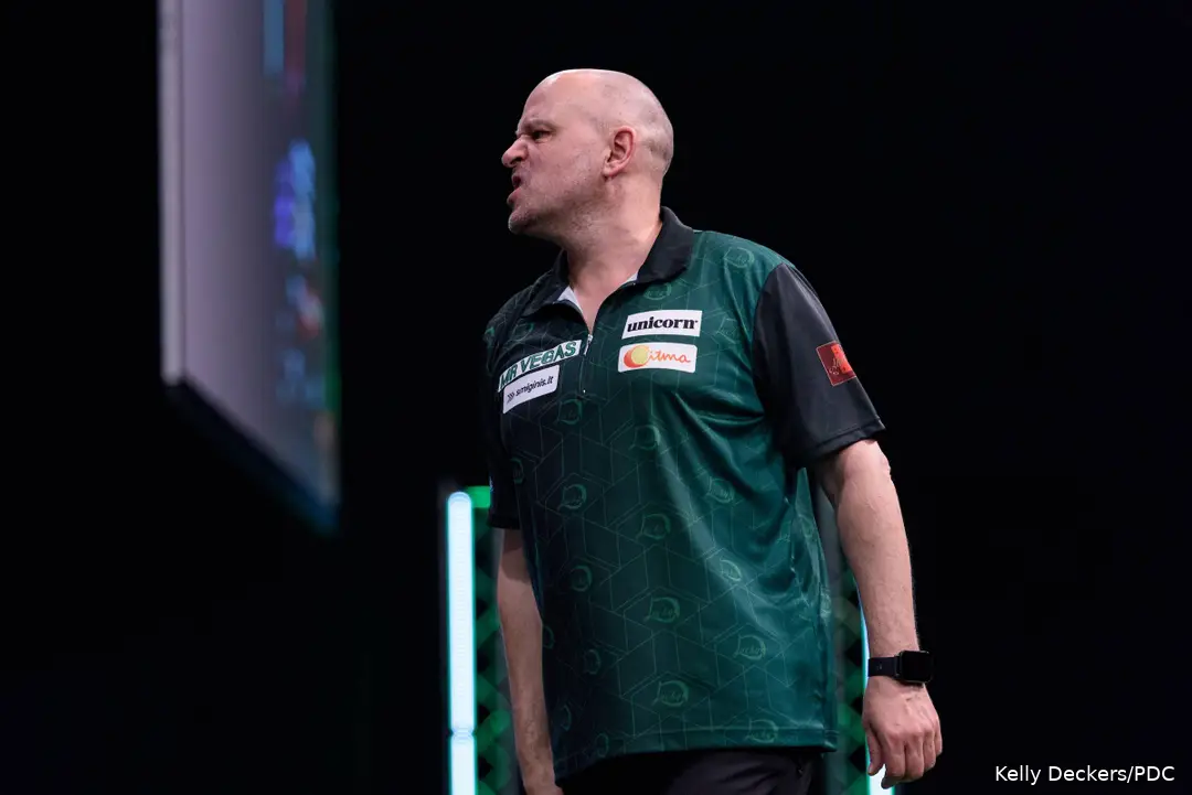 Darius Labanauskas grimaces after a miss at the 2026 Nordic Darts Masters