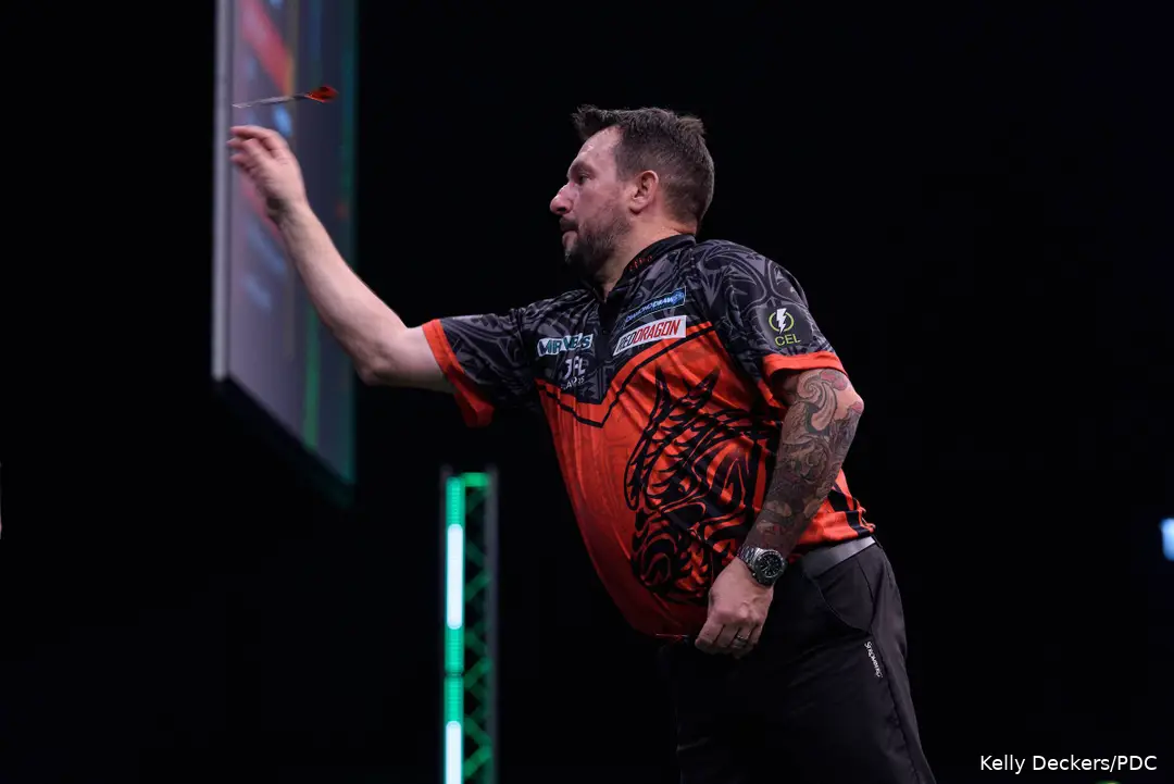 Jonny Clayton in action at the 2026 Nordic Darts Masters&nbsp;