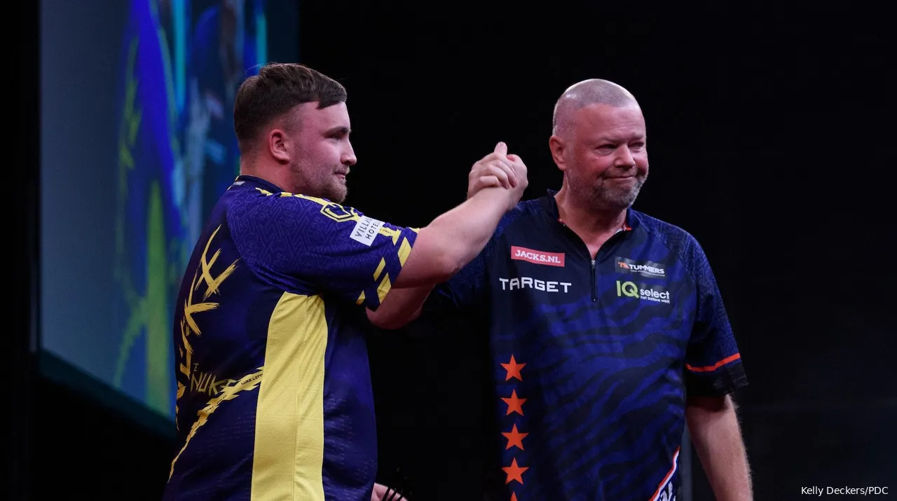 Luke Littler and Raymond van Barneveld after the match