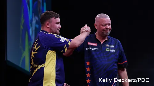 Luke Littler and Raymond van Barneveld after the match