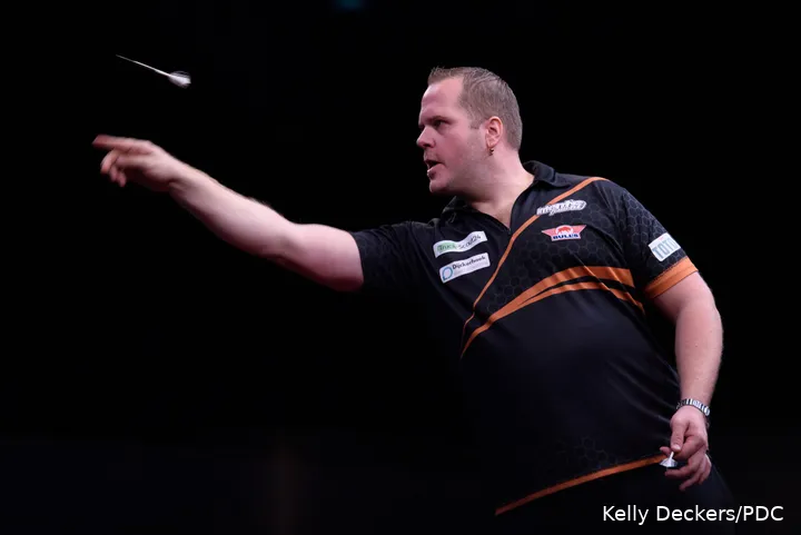 Dirk van Duijvenbode in action at the European Darts Championships