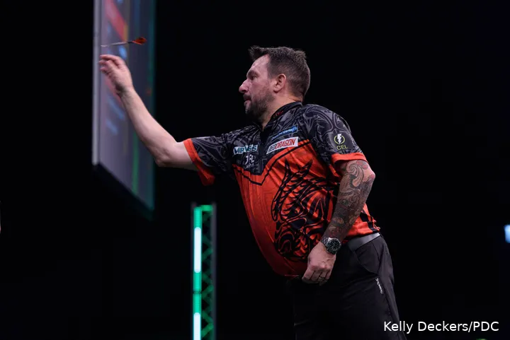 Jonny Clayton in action at the 2026 Nordic Darts Masters&nbsp;