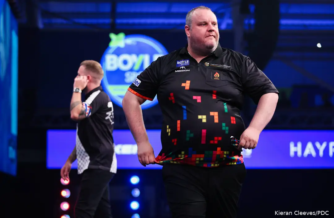 Ryan Joyce pumps his chest as he walks off stage during a match with Danny Noppert at the 2026 World Grand Prix
