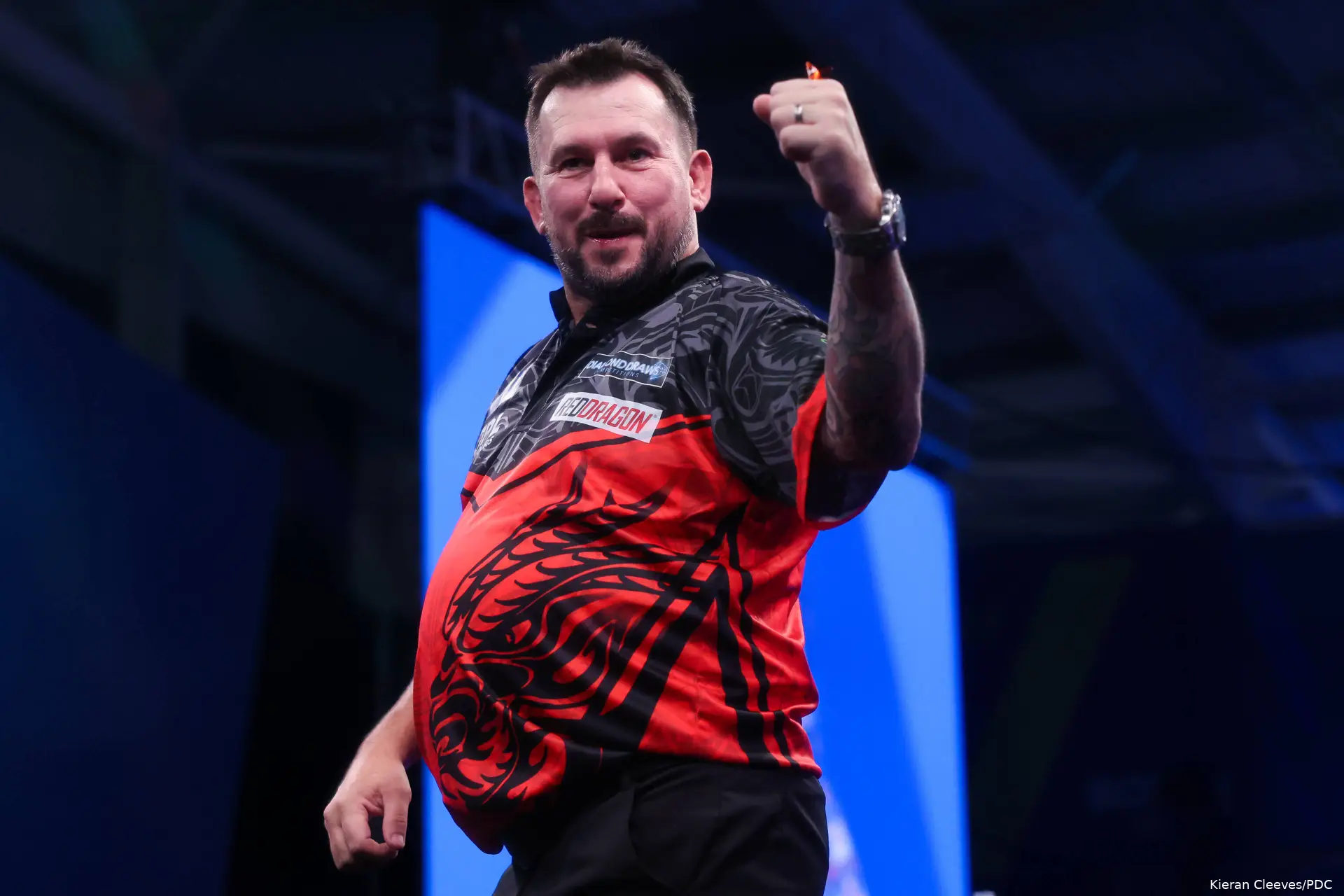 Jonny Clayton celebrates at the 2026 World Grand Prix