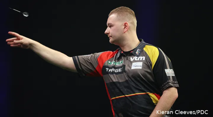 Dimitri Van den Bergh in action at the Grand Slam of Darts