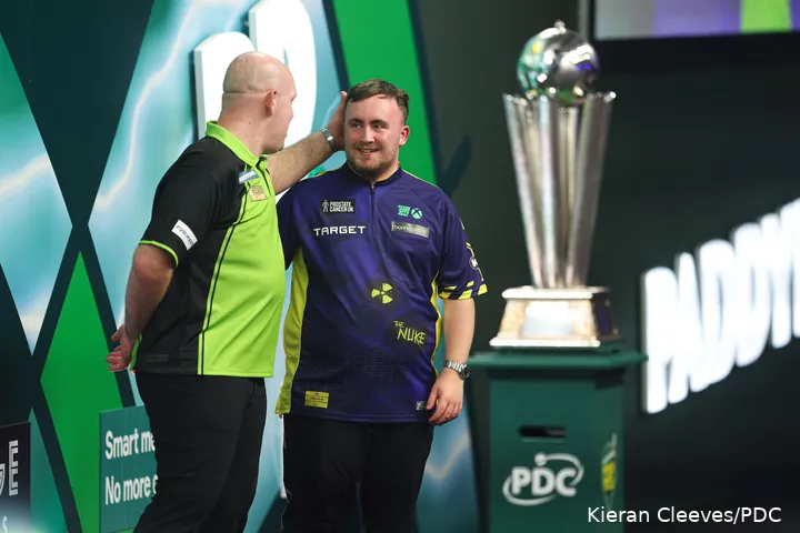 Luke Littler and Michael van Gerwen take on each other in a replay of the World Cup final