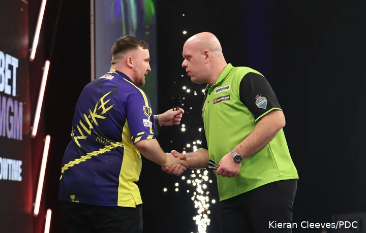 Luke Littler and Michael van Gerwen shake hands