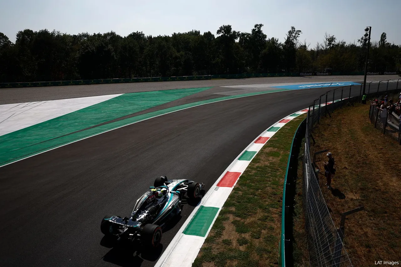 Lewis Hamilton driving through Parabolica, the final corner of Monza, during the 2024 Italian GP qualifying.