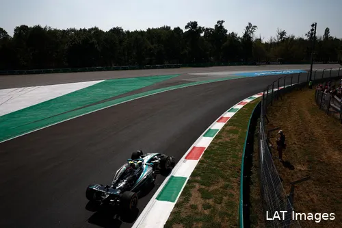Lewis Hamilton driving through Parabolica, the final corner of Monza, during the 2024 Italian GP qualifying.