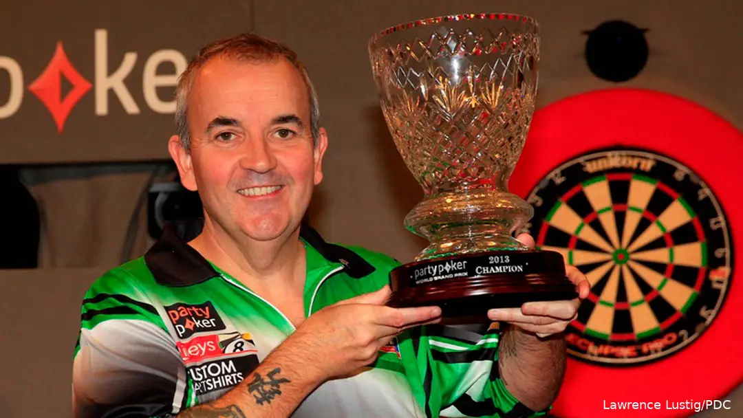 Phil Taylor poses with the World Grand Prix trophy