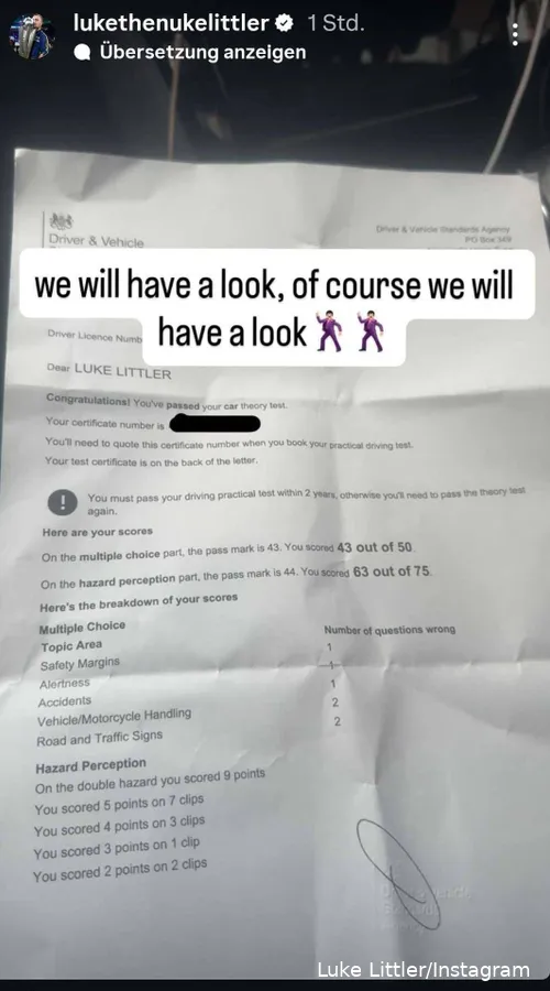 Luke Littler besteht endlich seine theoretische Fahrprüfung.