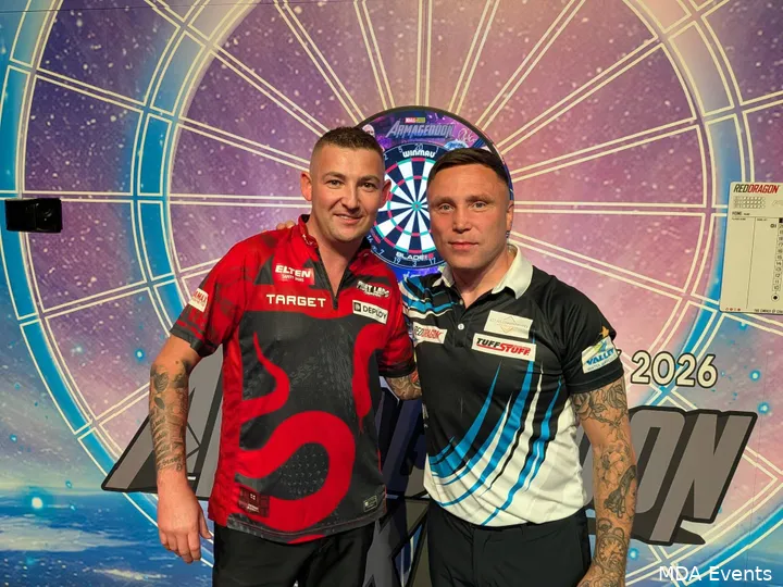 Gerwyn Price emerges from a hood to face Nathan Aspinall.