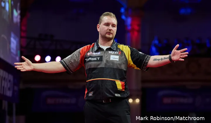 Dimitri Van den Bergh on the stage of the World Matchplay