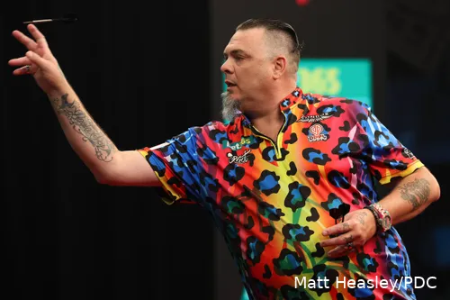 Buntz throws his dart at the board.