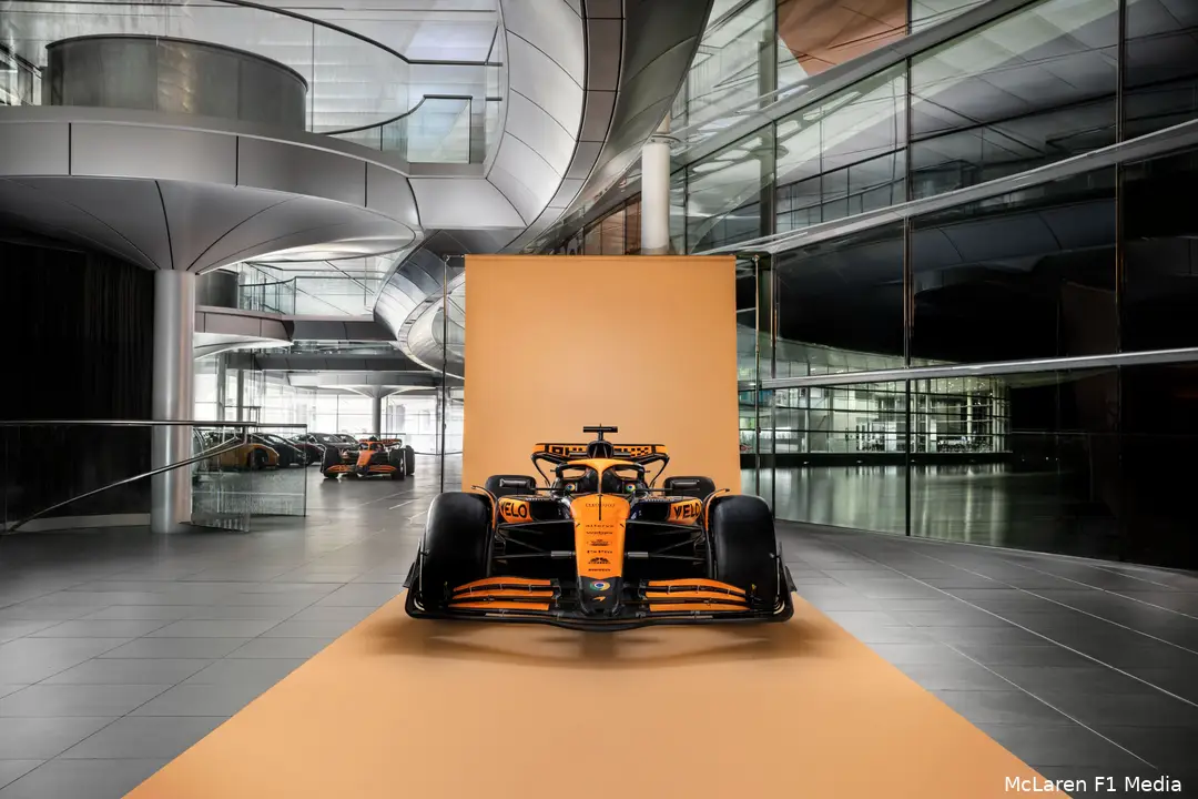 De voorkant van de MCL38, waarmee McLaren komend seizoen ingaat.