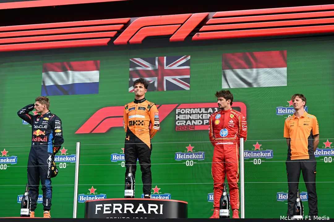 lando norris mclaren max verstappen red bull racing charles leclerc ferrari gp nederland zondag 2024