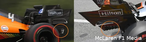 De achtervleugel van de McLaren-bolide, links tijdens de GP van Oostenrijk, rechts in Monaco. (Foto's: McLaren F1 Media)