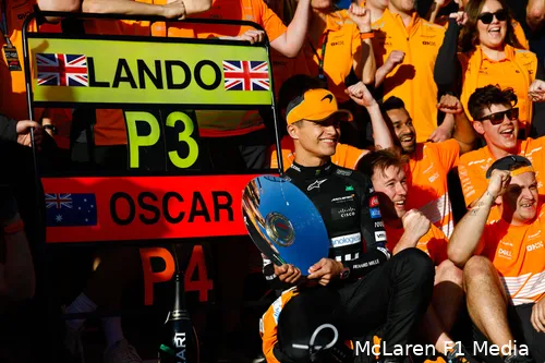 De vreugde overheerste bij McLaren na de verrassende derde plek van Norris. (Foto: McLaren F1 Media)