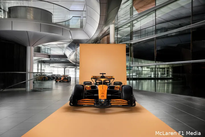 De voorkant van de MCL38, waarmee McLaren komend seizoen ingaat.