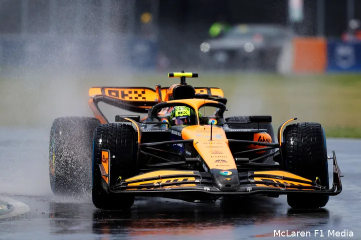 Lando Norris haalde P3 in de kwalificatie; hier tijdens een vrije training, Grand Prix van Canada, 2024.