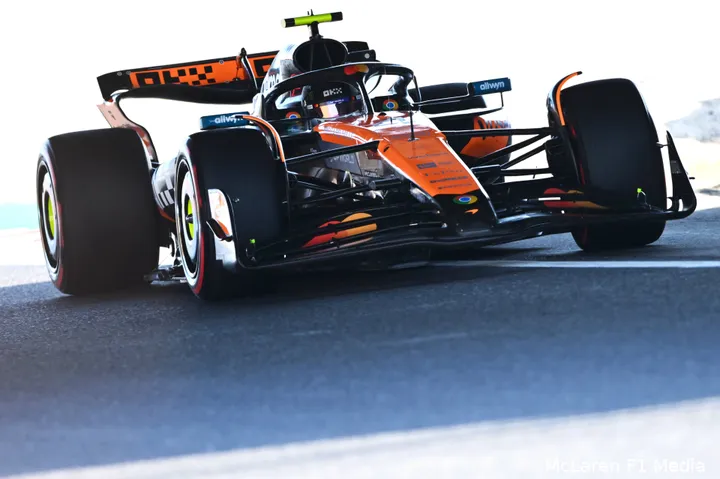 <i>Lando Norris onder de brug in Japan.</i>