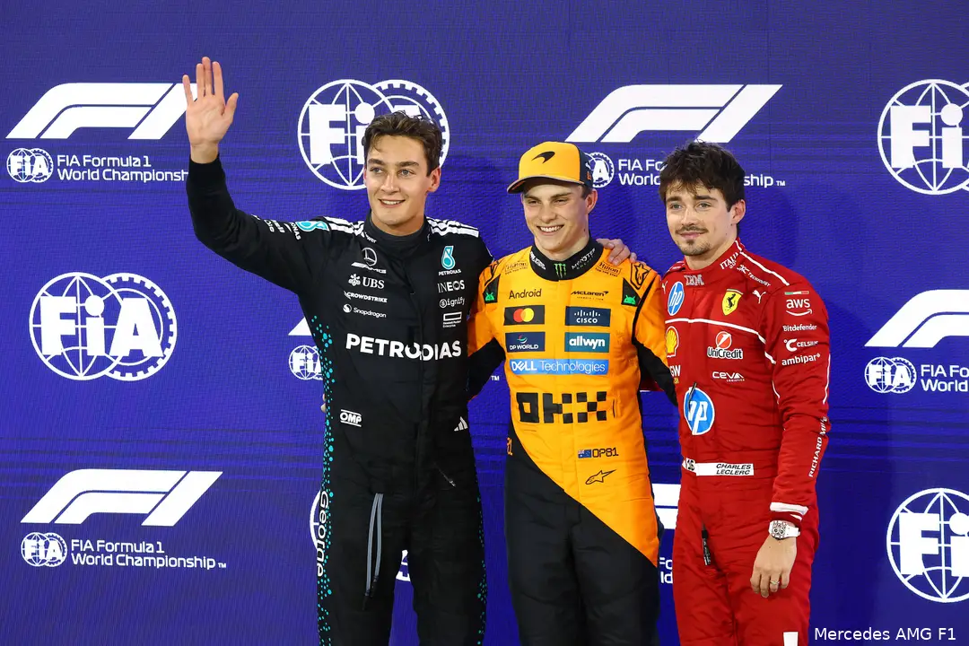 george russell oscar piastri charles leclerc 2025 top drie bahrein zaterdag
