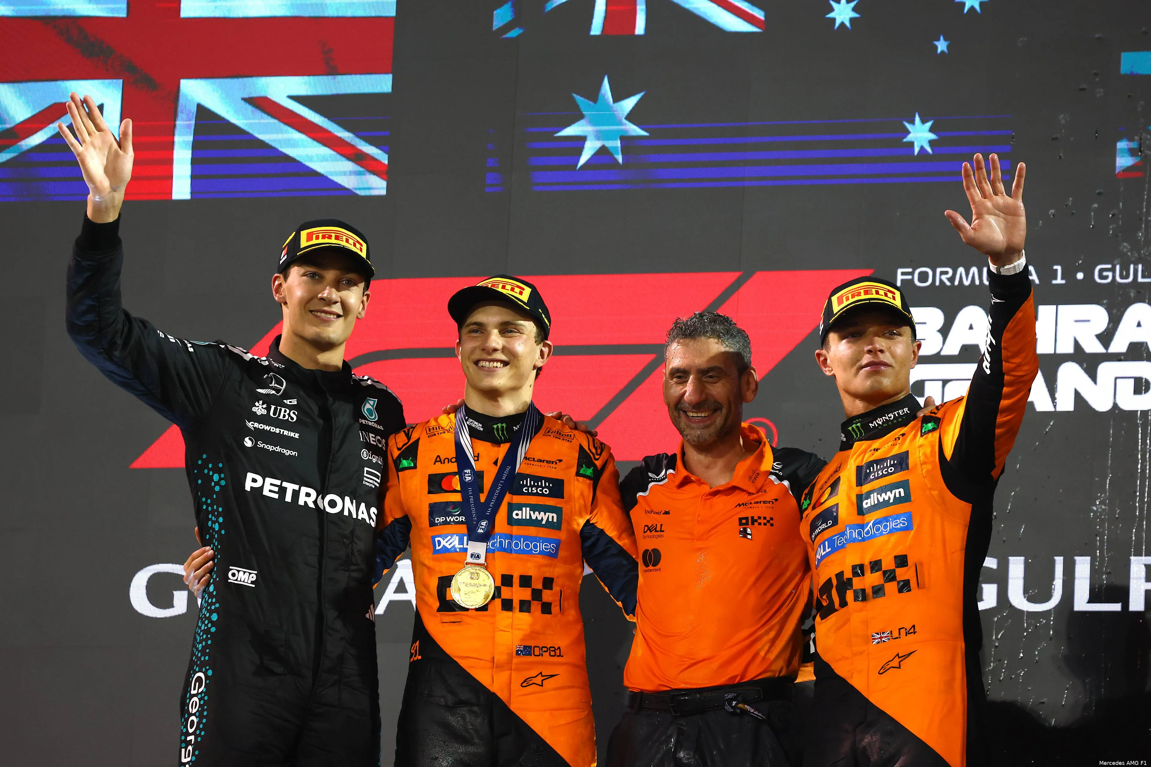 george russell mercedes lando norris oscar piastri andrea stella mclaren bahrein 2025 zondag race podium