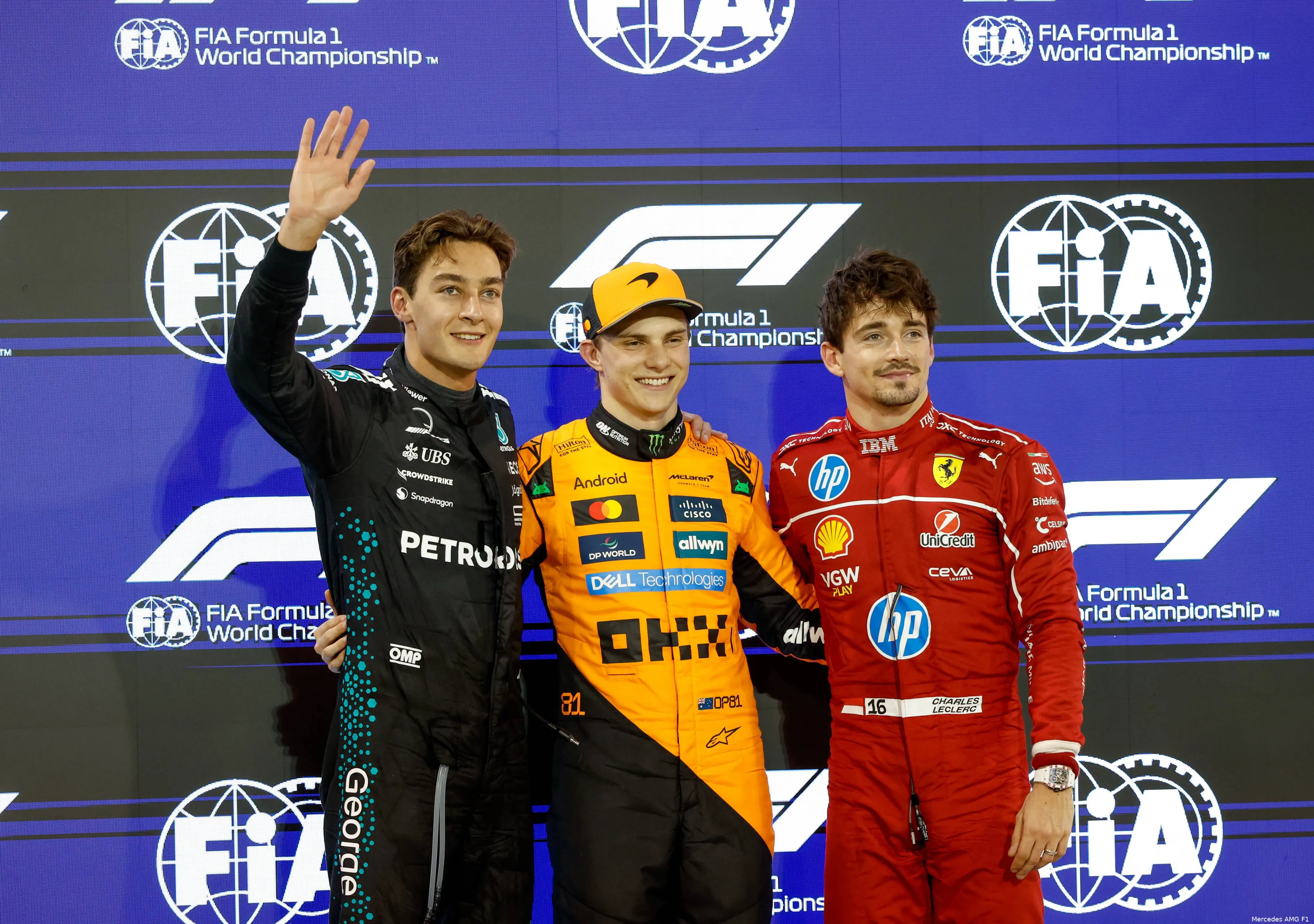 george russell oscar piastri charles leclerc 2025 top drie bahrein zaterdag