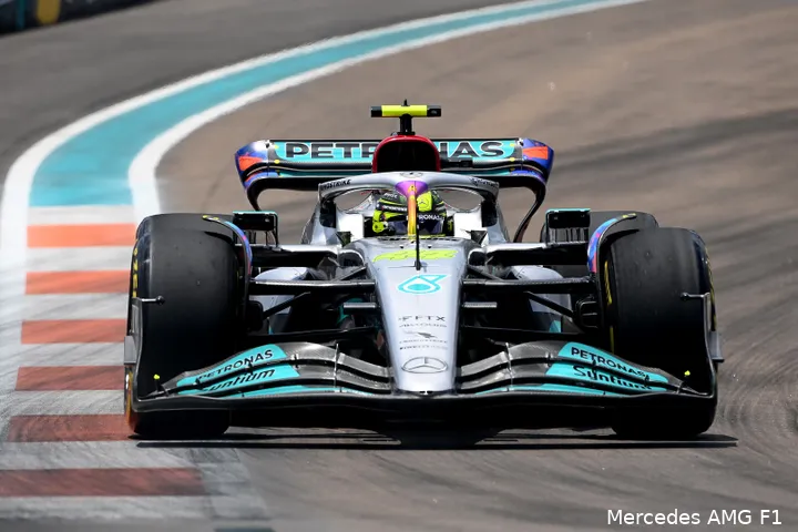 Lewis
Hamilton tijdens de kwalificatie van de GP Miami 2022 (Foto: Mercedes AMG F1)