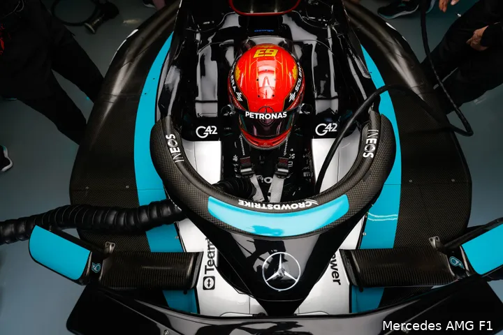 Russell verwelkomt Verstappen alvast bij Mercedes. (Foto: Mercedes AMG F1).
