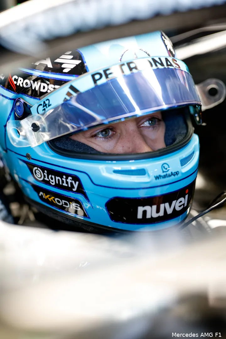 <i>Russell denkt dat het spannend gaat worden tussen Mercedes, Ferrari en Verstappen.</i>