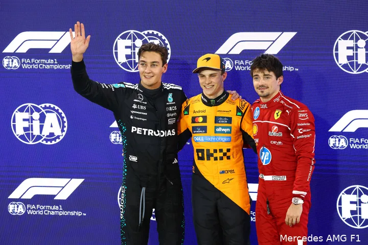 george russell oscar piastri charles leclerc 2025 top drie bahrein zaterdag