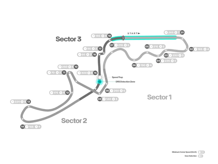 <i>Ferrari heeft het lastig in de tweede Degner-bocht en in de hairpin.</i>