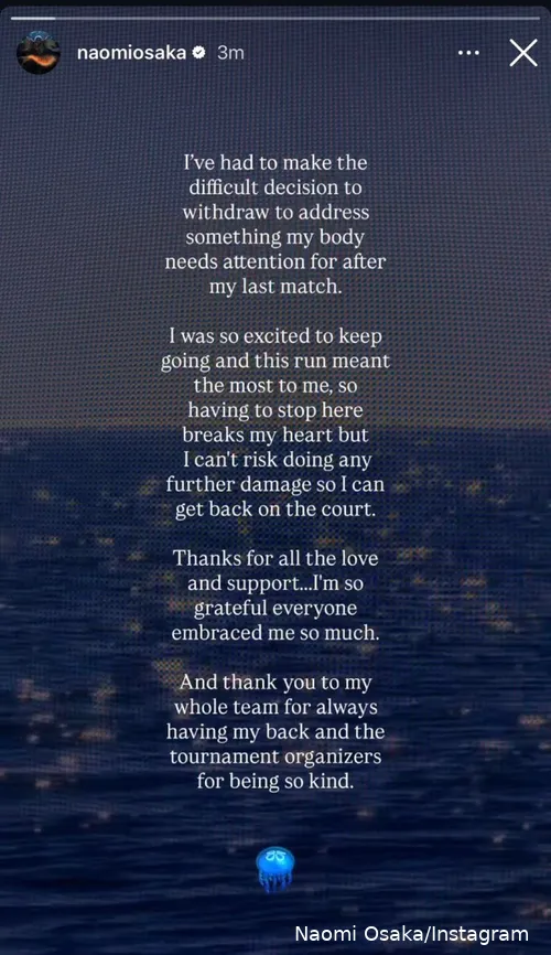 Naomi Osaka publicó una historia de Instagram confirmando su retirada del Abierto de Australia 2026