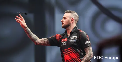Joe Cullen in action at the 2026 Poland Darts Open