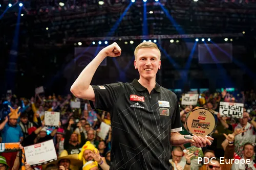 Wessel Nijman pumps his fist after his victory at the European Darts Trophy