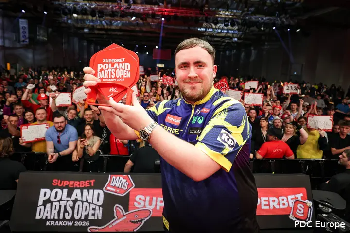 Luke Littler posiert stolz mit der Trophäe der Poland Darts Open.